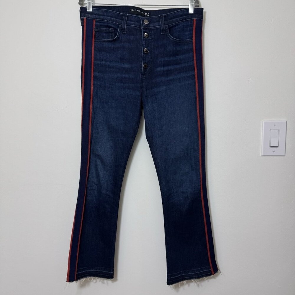 VERONICA BEARD Women’s Carolyn Baby Boot Jeans Size 32 Button Fly Red Striped